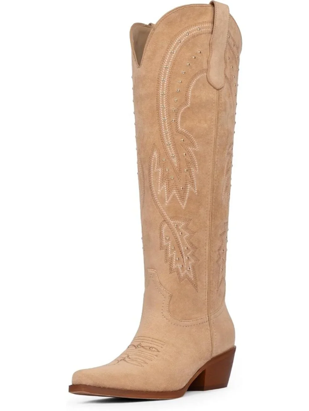 Women's Suede Tan Knee High Cowgirl Boots Pointed Toe Slip on Chunky Heel